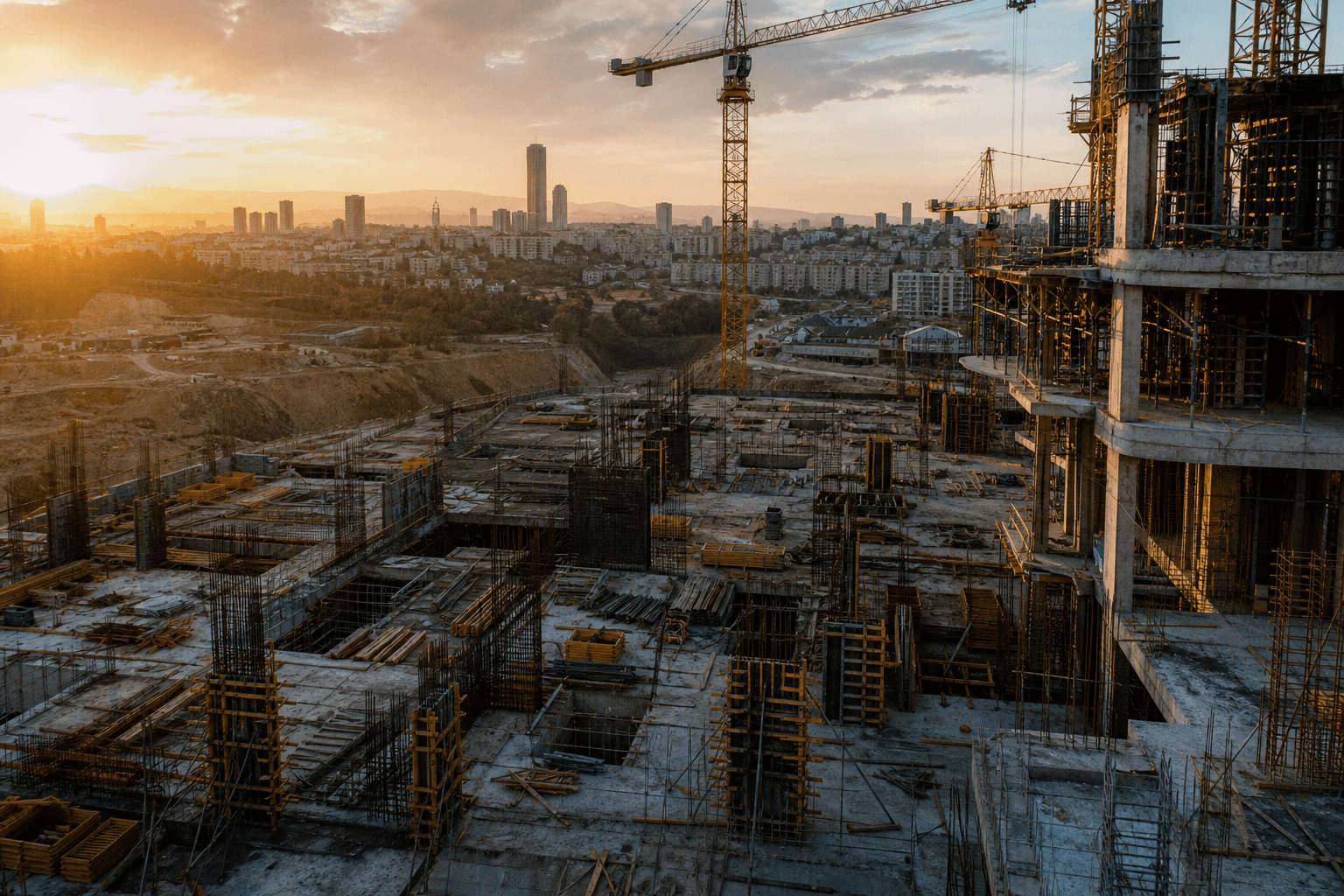 Şantiye: kule vinçler ve brüt beton iskelet, gün batımı